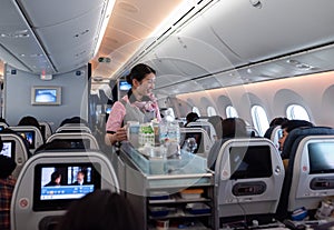 TOKYO, JAPAN - FEBRUARY 6, 2019: Japan ANA Airlines and Boeing 787 Dreamliner interior