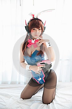 Japan anime cosplay, portrait of girl cosplay in white room background photo