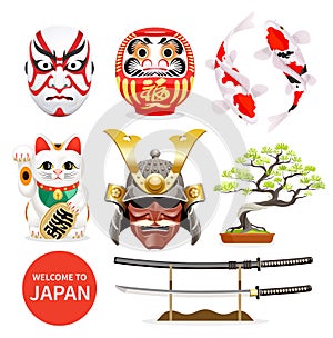 Japan art culture elements icons. Vector Illustration
