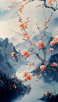 Japan art illustration. Sakura blooming, spring. AI generative
