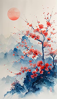 Japan art illustration. Sakura blooming, spring. AI generative