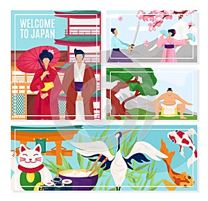 Japan banner background concept, vector illustration. Travel culture landmark symbol design, asia japanese holiday art