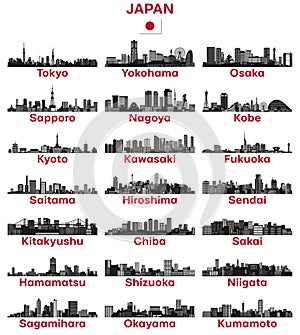 Japan cities skylines silhouettes vector set