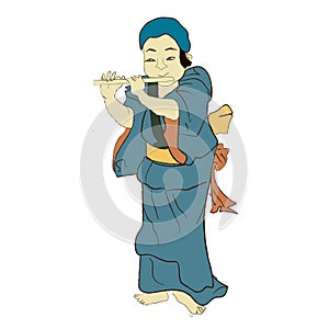 Japan culture, japanese kids with musical instruments playing music isolated vector illustration. Edo period ukiyo-e photo