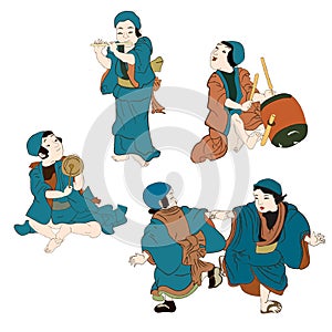 Japan culture, japanese kids with musical instruments playing music isolated vector illustration. Edo period ukiyo-e photo