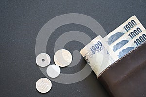 Japan currency paper banknote and coins on dark background, banking economic and finance concept, Japanese money investment ,