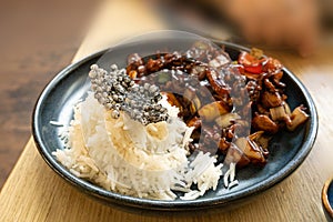Japan Curry, Beef and Vegetables Stir Fry with White Rice, Teriyaki Beef on Restaurant Plate