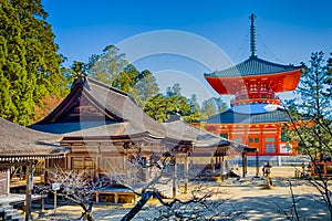 Japan Destinations. View of Danjo Garan Sacred Temple with Konpon Daito Great pagoda at Mount Koyasan