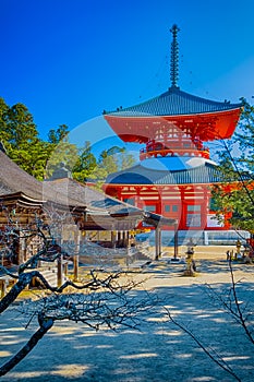 Japan Destinations. View of Danjo Garan Sacred Temple with Konpon Daito Great pagoda at Mount Koyasan in Japan