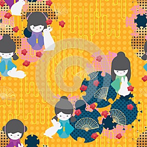Japan doll rabbit circle group diagonal seamless pattern