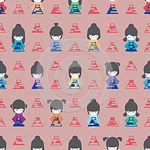 Japan doll wear Fuji grunge symmetry seamless pattern