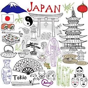 Japan doodles elements. Hand drawn set with Fujiyama mountain, Shinto gate, Japanese food sushi and tea set, fan, theater masks, k