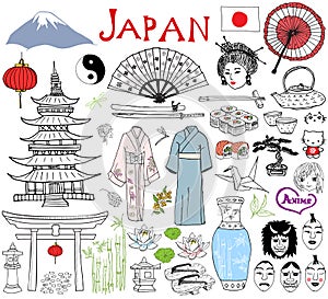 Japan doodles elements. Hand drawn sketch set with Fujiyama mountain, Shinto gate, Japanese food sushi and tea set, fan, theater m