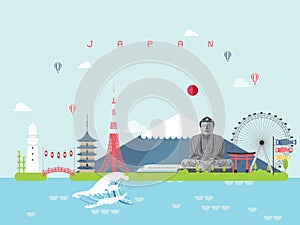 Japan Famous Landmarks Infographic Templates for Traveling Minimal Style and Icon, Symbol Set Vector.