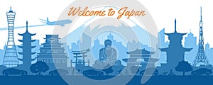 Japan famous landmarks silhouette style with blue and white color