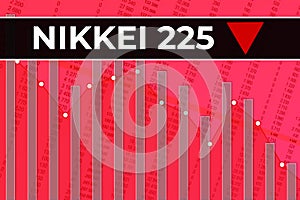 Japan financial market index Nikkei 225 ticker N225 on red finance background from numbers, graphs, lines. Trend Down, Flat. 3D