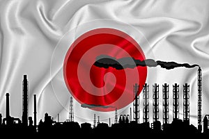 Japan flag, background with space for your logo - industrial 3D illustration.Silhouette of a chemical plant, oil refining, gas,