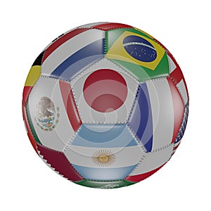 Japan flag among other world flags on 3D soccer ball. Isolated on white. Qatar 2022