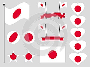 Japan flag set. Collection of symbols, flag in heart. Button and star. Vector