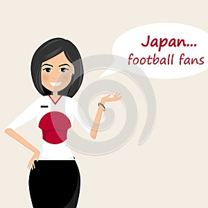 Japan football fans.Cheerful soccer fans, sports images.Young woman,Pretty girl sign.Happy fans are cheering for their