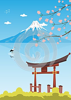 Japan gates and Fujiyama mountain with sakura flower, Travel postcard, tour advertising of Japan.