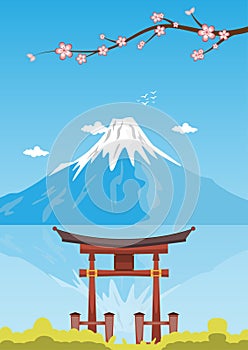 Japan gates and Fujiyama mountain with sakura flower, Travel postcard, tour advertising of Japan.