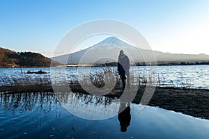 Japan - A girl walking along the Kawaguchiko Lake