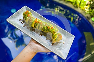 Japan gourmet cuisine - hands presenting delicious and delicate dish of Japanese sushi rolls in grey slate in traditional healthy