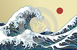 Japan great wave vector illustration. Golden line.