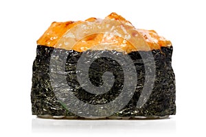 Japan gunkanmaki sushi baked with cheese isolated photo