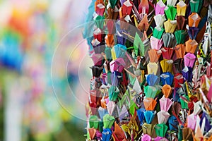 Japan Hiroshima Peace Memorial Park colorful paper cranes close-up