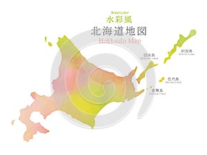 Japan Hokkaido region map with watercolor texture