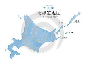 Japan Hokkaido region map with watercolor texture photo