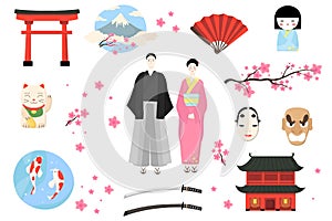 Japan icon, Japanese people vector illustration, cartoon woman man character in traditional costume, asian culture set