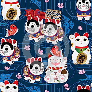 Japan Inu Hariko Maneki Koi Sakura Mon modern seamless pattern