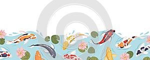 Japan koi fish border. Sea Japanese carp swimming in water with flowers. Chinese marine animals in pond. Horizontal