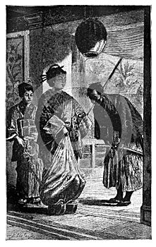 Japan Noblewoman with Maid and Samurai. History and Culture of Asia. Antique Vintage Illustration. 19th Century photo