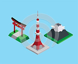 Japan landmark isometric collection set, tokyo tower, fushimilnari - taisha gate and fujiyama mountain illustration vector