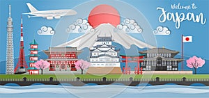 Japan landmark travel banner with Himeji castle, Asakuza Sensoji, Sensoji Temple, Itsukushima Shrine