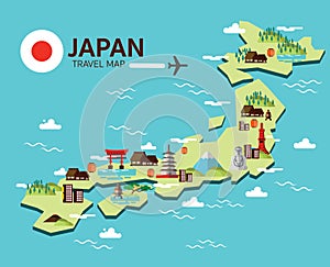 Japan landmark and travel map. Flat design elements and icons. v