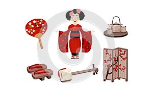 Japan Landmarks with Tea Ceremony and Geisha Vector Set
