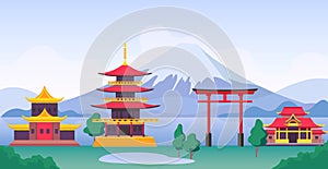 Japan landscape with mountain Fuji, landmarks, temples and old building. Japanese tourism travel scenery with pagoda and