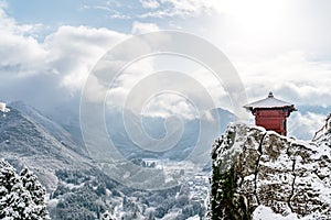 Japan landscape scenic view of red hall perched on rock cliff, yamadera shrine temple, yamagata prefecture, tohoku region, asia photo