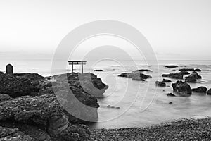 Japan landscape of traditional Japanese gate and sea at Oarai Ibaraki prefecture