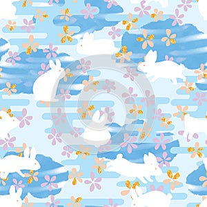 Japón línea flor conejo acuarela banda nube sin costura patrón 