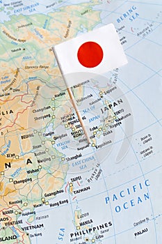 Japan map and flag pin photo