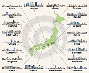 Japan map with main cities skylines. Vector illustration