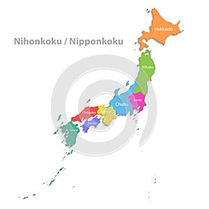 Japan map, new political detailed map, separate individual regions, with state names, isolated on white background 3D