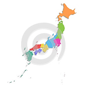 Japan map, new political detailed map, separate individual regions, with state names, isolated on white background 3D blank