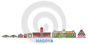 Japan, Nagoya line cityscape, flat vector. Travel city landmark, oultine illustration, line world icons